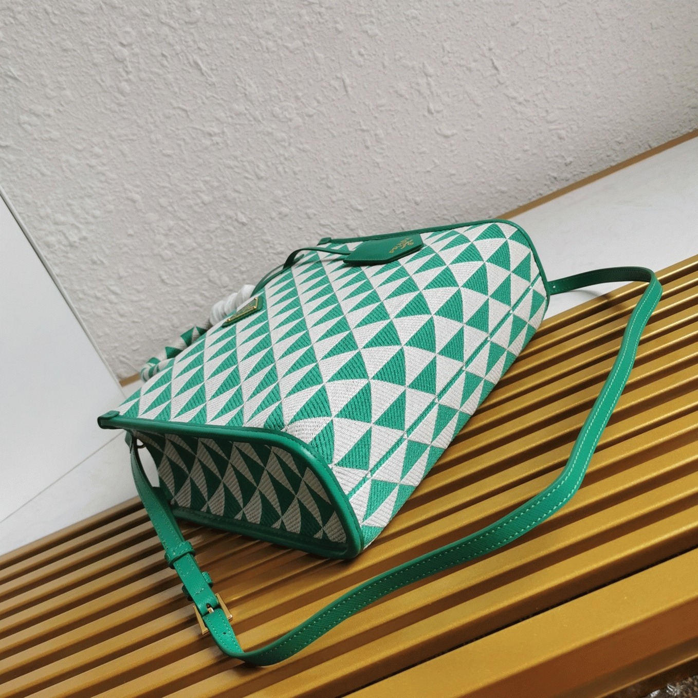 Prada Symbole Small Bag Replica in Green/White Jacquard Fabric angle 4