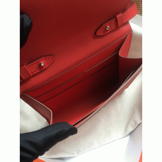 Red luxury replica Hermes Clic wallet with strap angle 2