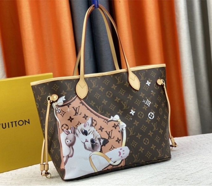 Louis Vuitton Monogram Canvas Neverfull MM Tote With Cat Print angle 3
