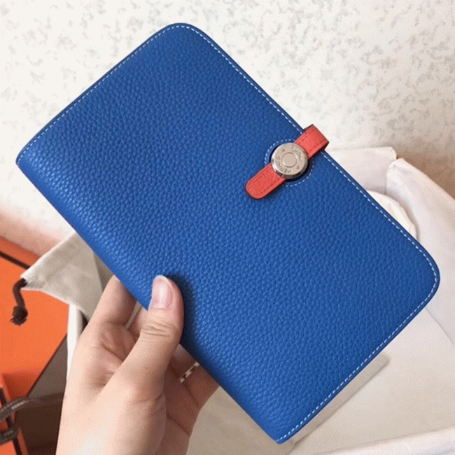 Blue piment leather fake Hermes Dogon duo wallet