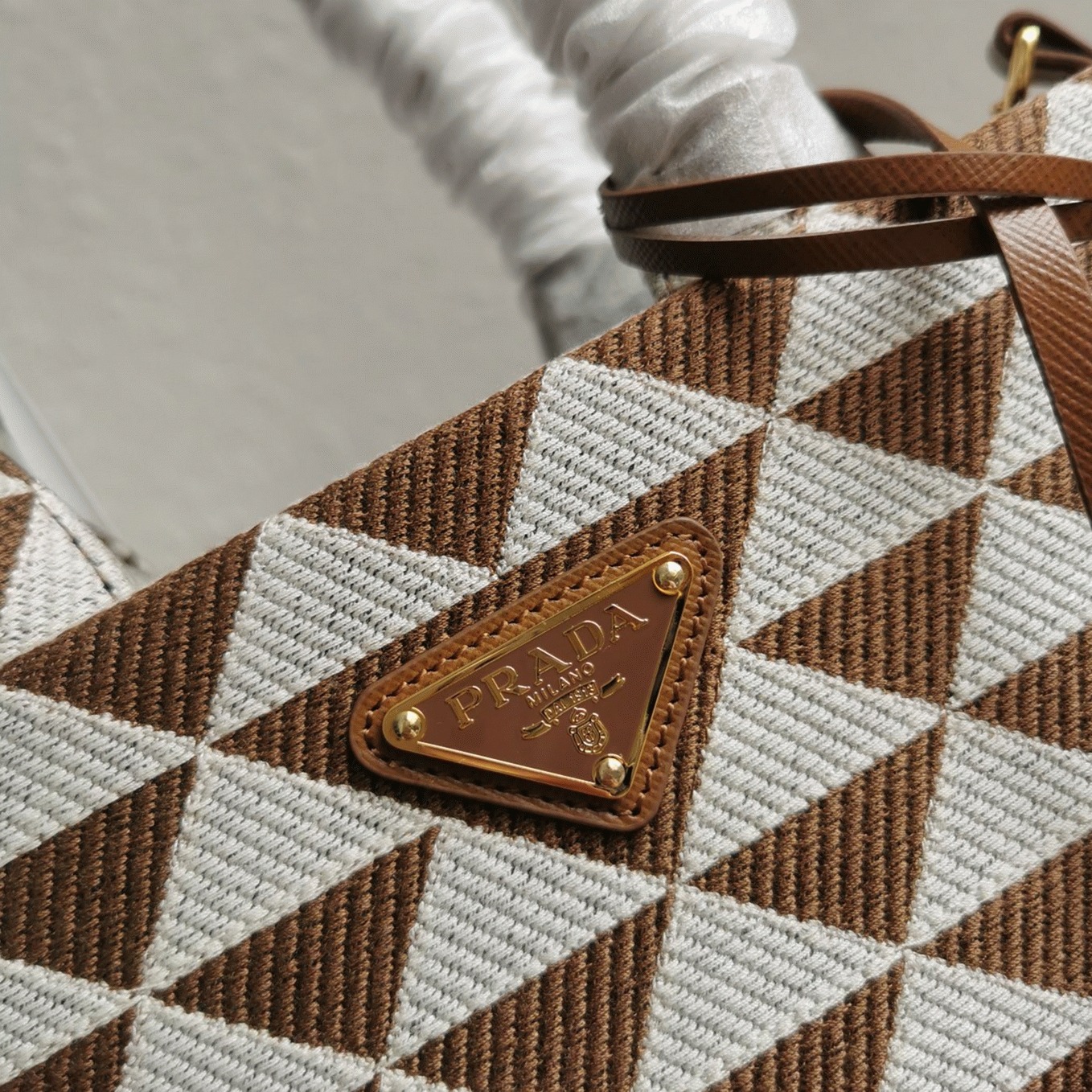 Prada Symbole Large Bag Replica in White/Brown Jacquard Fabric angle 2