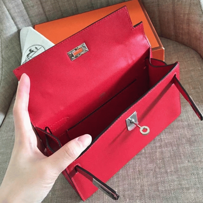 Red Swift Top Fake Hermes Kelly Pochette Statement Clutch angle 4