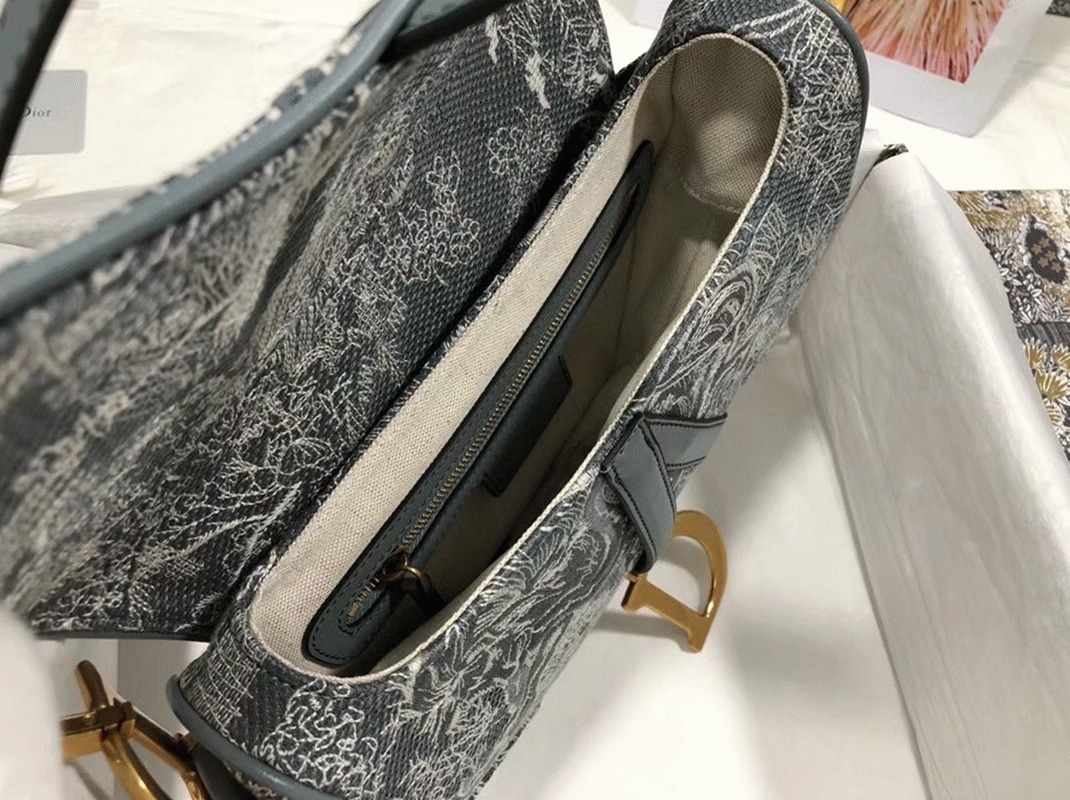 Dior Saddle Bag Faux in Grey Toile de Jouy Reverse Jacquard angle 3