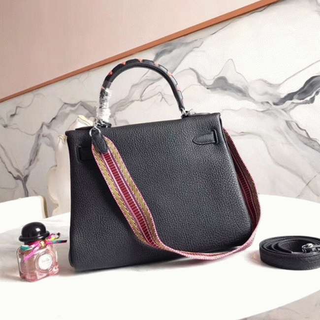 Black with Zigzag Handle Replica Luxury Hermes Kelly 28cm Stylish Purse angle 3