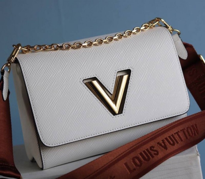 Louis Vuitton Epi Leather Twist MM Bag In Optic White With Jacquard Strap angle 3