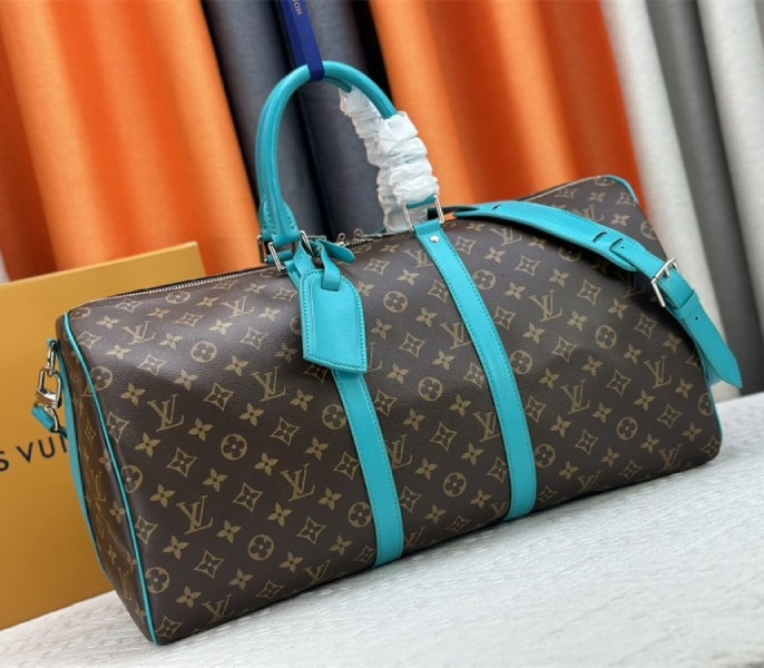 Louis Vuitton Monogram Macassar Canvas Keepall Bandouliere 50 In Turquoise Blue angle 2