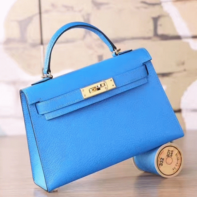 Blue Hydra Chevre Replica Hermes Kelly 20cm Petite Handbag
