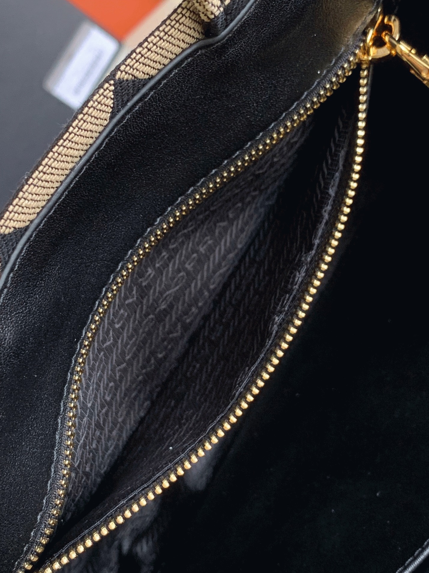 Prada Symbole Small Bag Replica in Black/Beige Jacquard Fabric angle 4