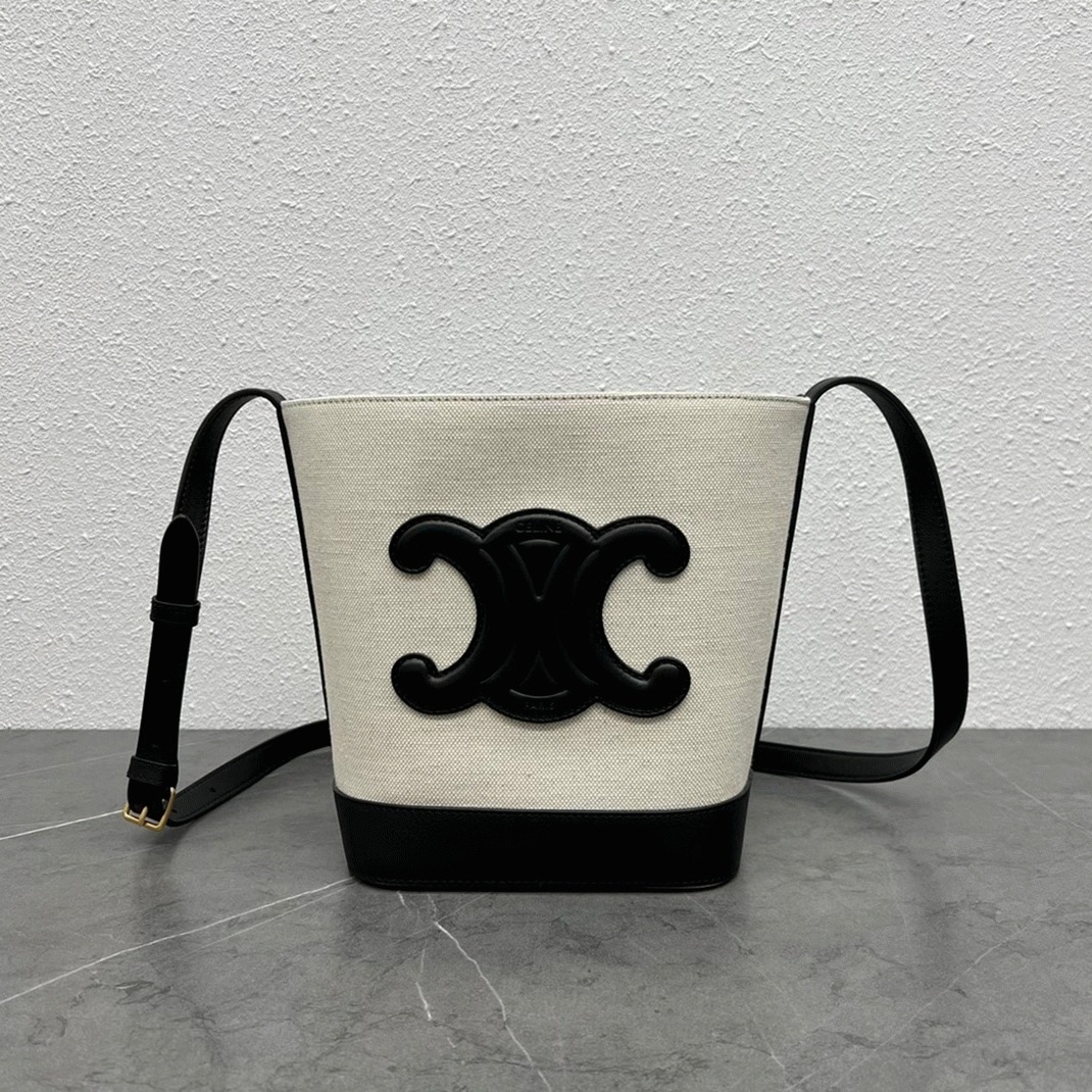 Top Quality Fake Celine Small Bucket Cuir Triomphe In White Textile angle 4