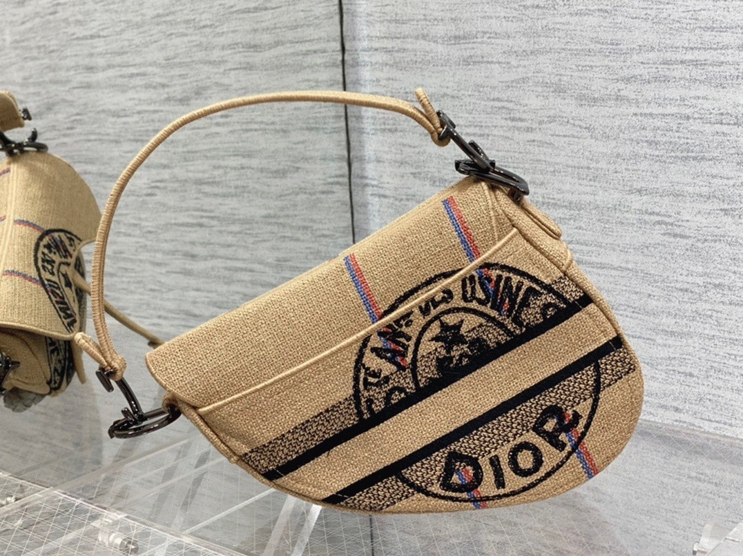 Dior Saddle Bag Knockoff in Beige Jute Canvas with Dior Union Motif angle 3