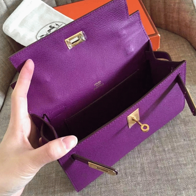 Cyclamen Epsom Knockoff Hermes Kelly Pochette Light Purple Clutch angle 2
