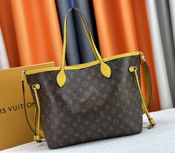 Louis Vuitton Neverfull Bandouliere Inside Out MM Tote In Monogram Canvas And Yellow Textile And Leather