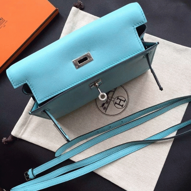 Celeste Swift Leather Fake Hermes Kelly Danse Light Blue Purse angle 4