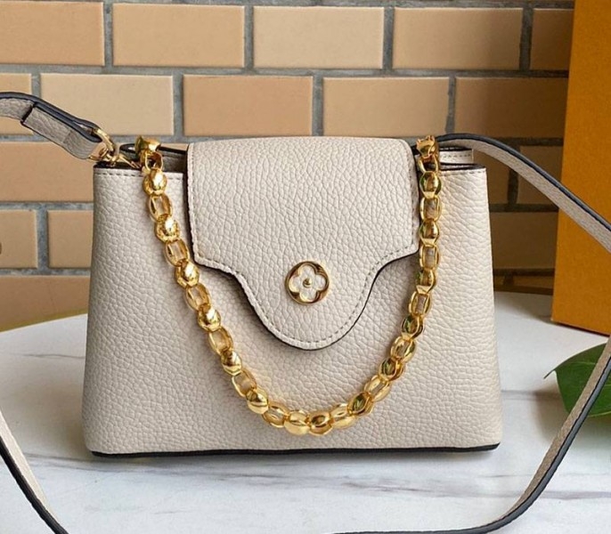 Louis Vuitton Capucines Mini Chain Bag In Beige angle 3