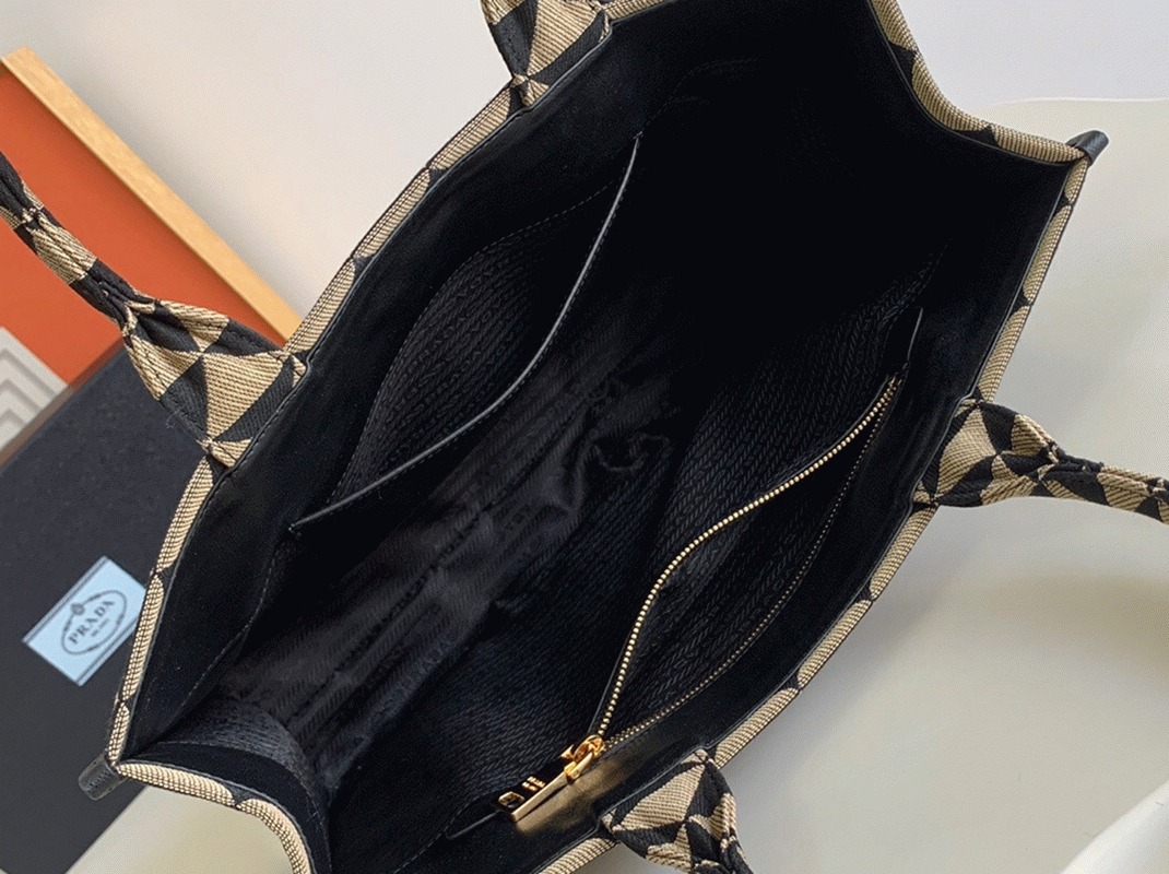 Prada Symbole Large Bag Knockoff in Black/Beige Jacquard Fabric angle 2