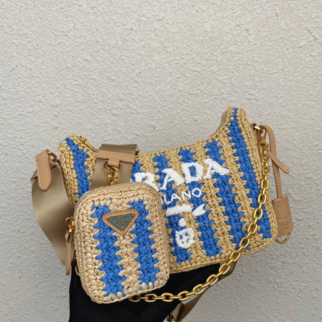 Prada Re-Edition Bag Fake in Beige and Blue Stripe angle 2