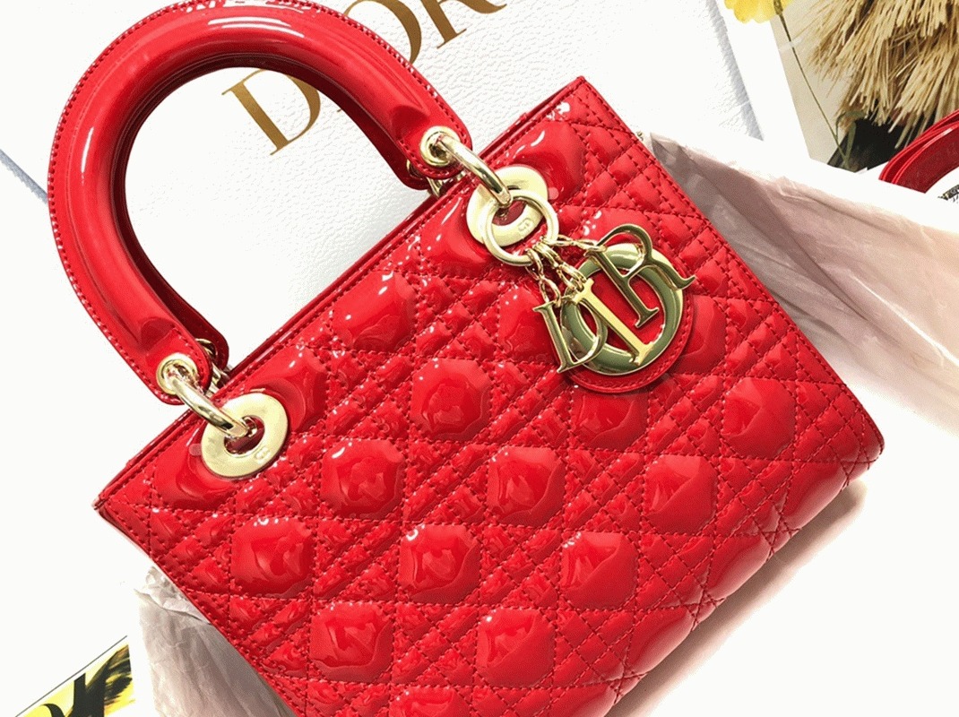 Dior Small Lady Dior Bag Replica in Red Patent Cannage Calfskin angle 2