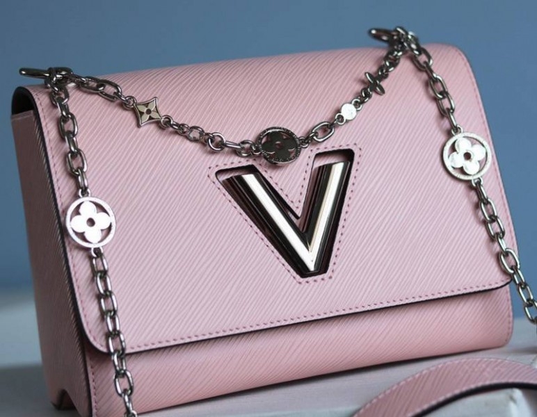 Louis Vuitton Epi Leather Twist MM With Flowers Jewels Chain Bag In Rose Bellerine Pink angle 2