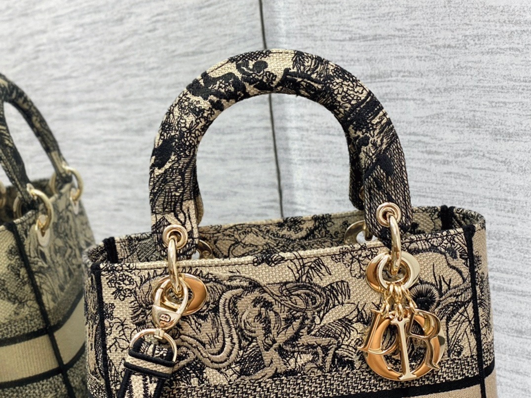 Dior Lady D-Lite Medium Bag Faux in Brown Toile de Jouy Embroidery angle 5
