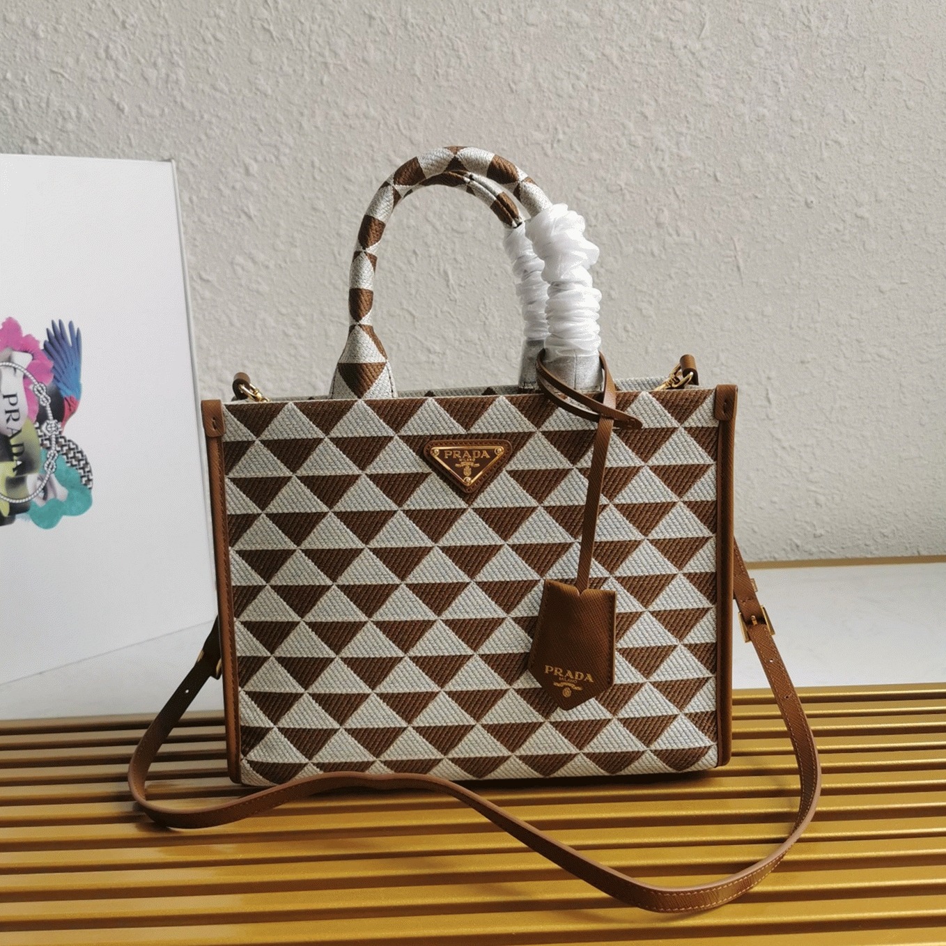 Prada Symbole Small Bag Knockoff in White/Brown Jacquard Fabric angle 2