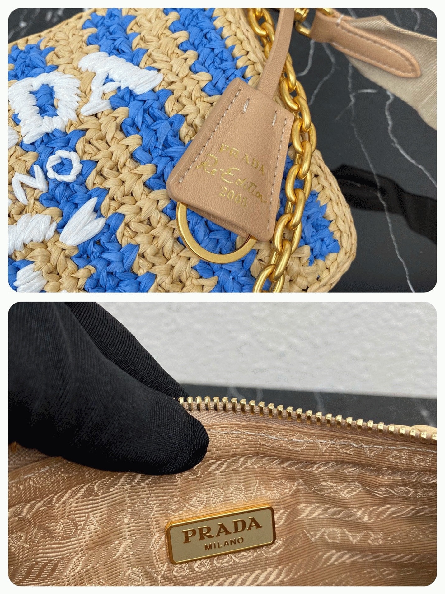 Prada Re-Edition Bag Fake in Beige and Blue Stripe angle 3
