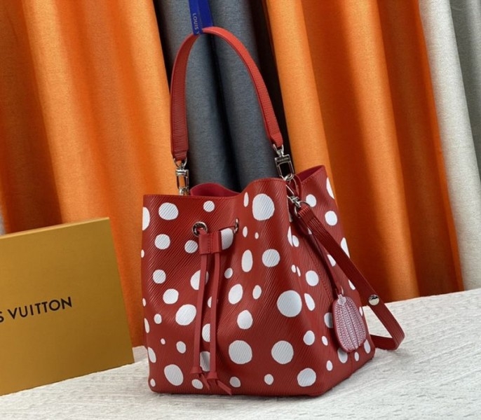 Louis Vuitton X YK Epi Leather NeoNoe MM Red Bag In White Infinity Dots angle 3