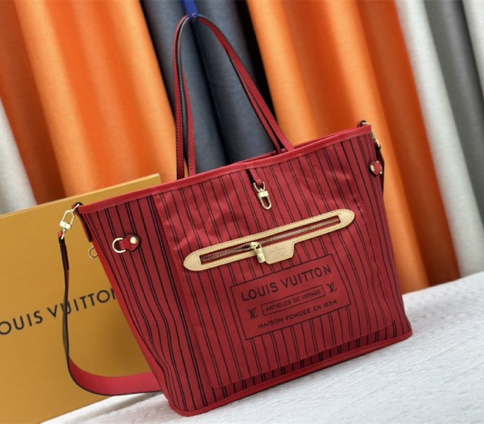Louis Vuitton Neverfull Bandouliere Inside Out MM Tote In Monogram Canvas And Rouge Sari Textile angle 2
