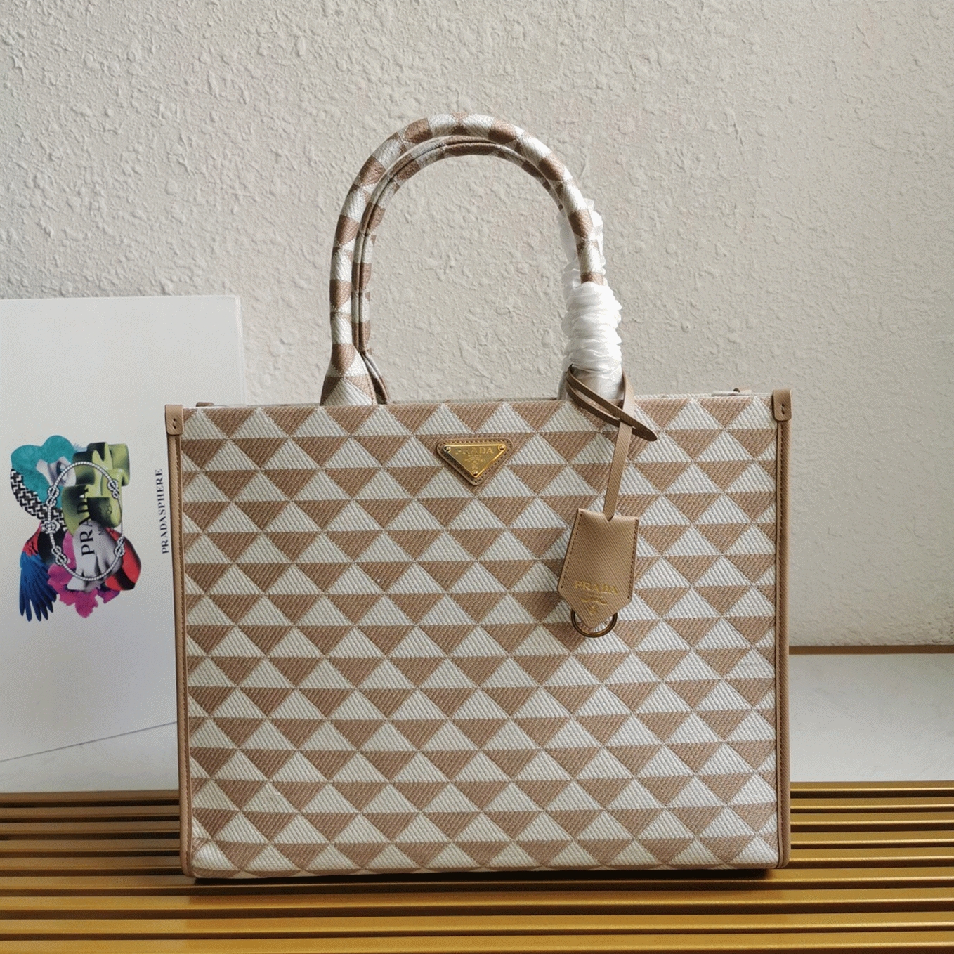 Prada Symbole Small Bag Fake in Beige/White Jacquard Fabric angle 5