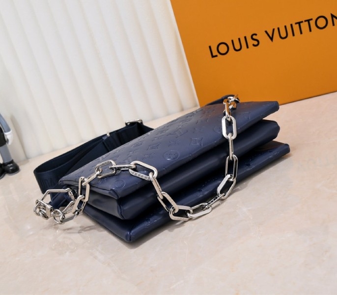 Louis Vuitton Coussin PM Bag In Navy Blue With Jacquard Strap angle 4