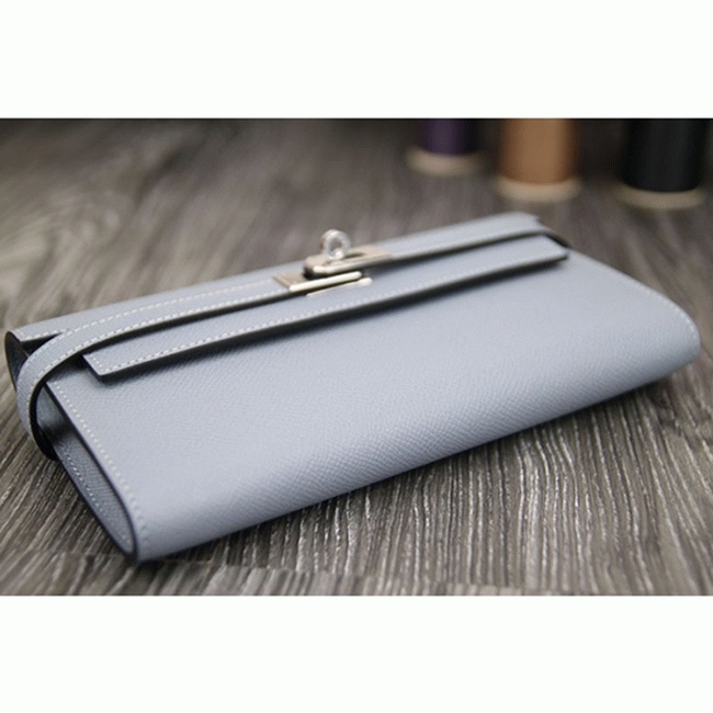 Blue lin knockoff Hermes Kelly Longue wallet angle 5