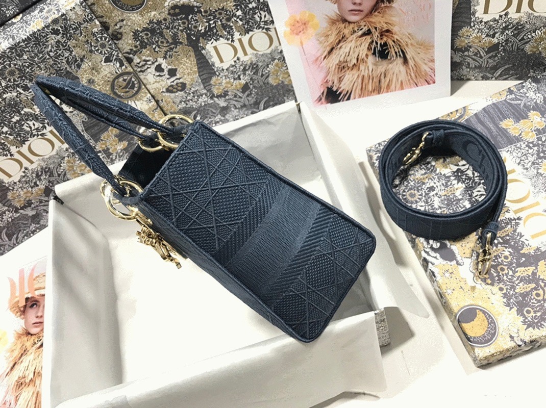 Dior Lady D-Lite Medium Bag Fake in Blue Cannage Embroidered Canvas angle 5