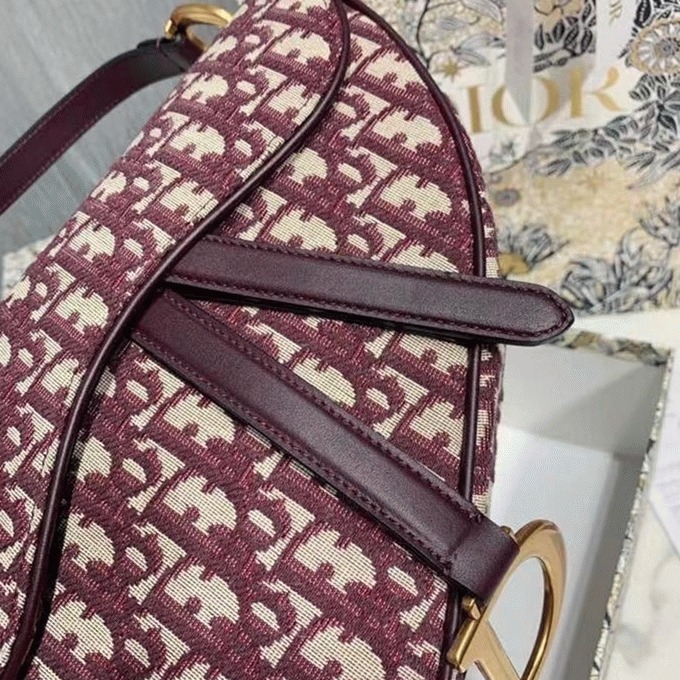 Dior Saddle Bag Faux in Burgundy Dior Oblique Jacquard angle 4