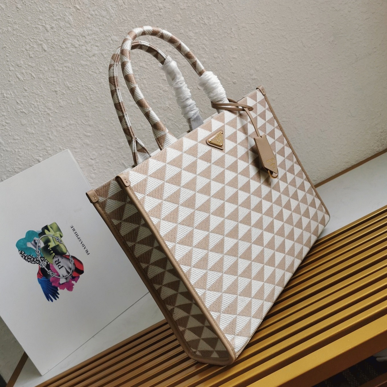 Prada Symbole Large Bag Knockoff in Beige/White Jacquard Fabric angle 5