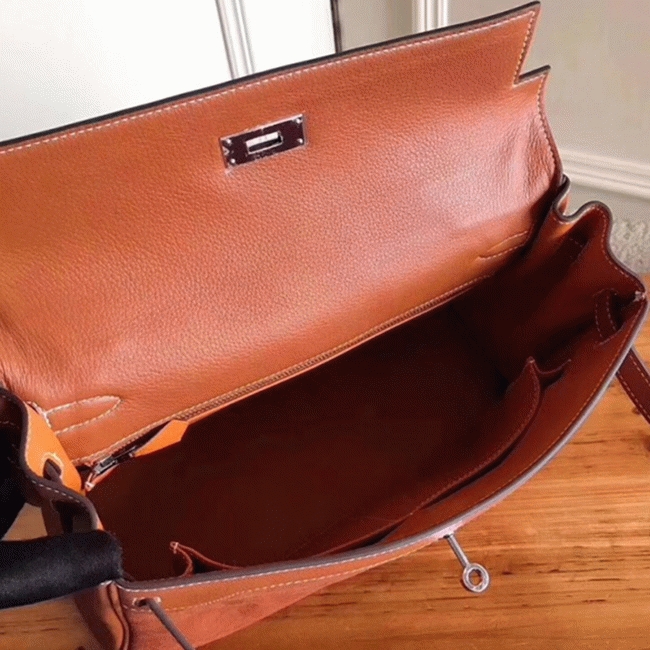 Brown Suede Fake Hermes Kelly 32cm Bag with Zigzag Handle angle 3