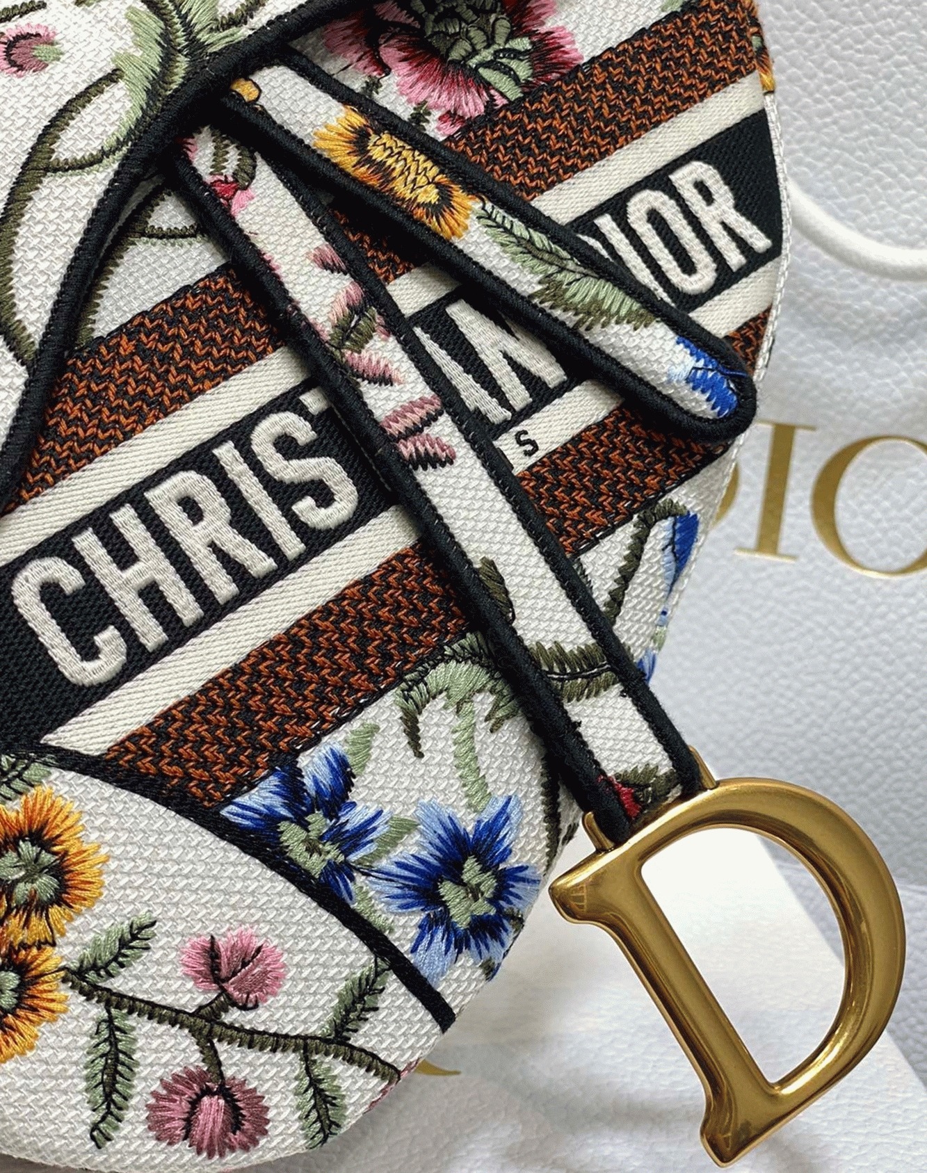Dior Saddle Bag Fake in White Multicolor Dior Petites Fleurs Embroidery angle 5