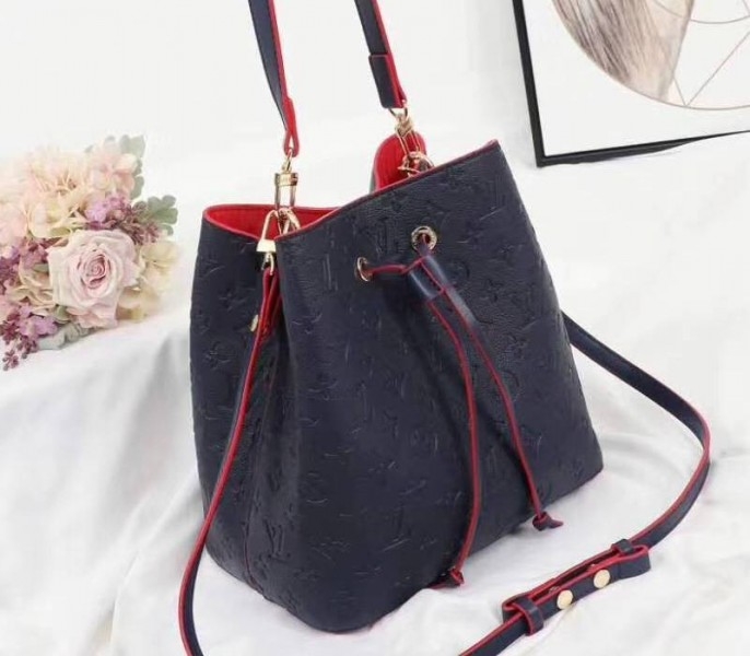 Louis Vuitton Monogram Empreinte NeoNoe MM Bag In Marine Rouge angle 2