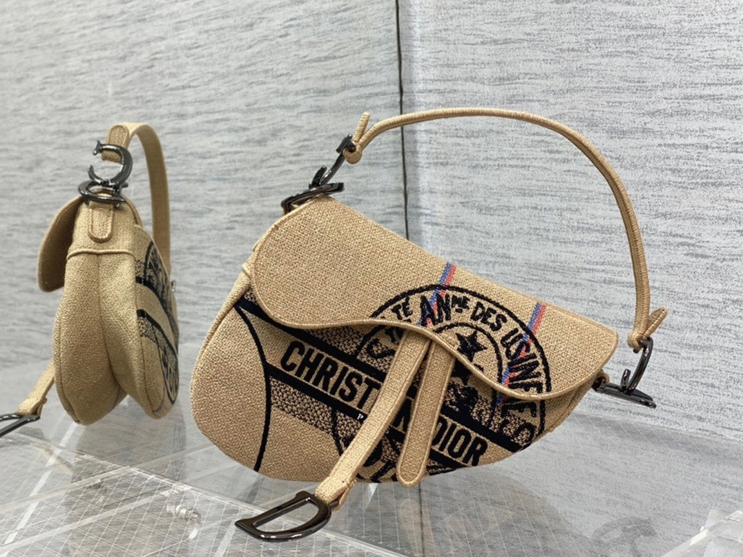 Dior Saddle Bag Knockoff in Beige Jute Canvas with Dior Union Motif angle 5