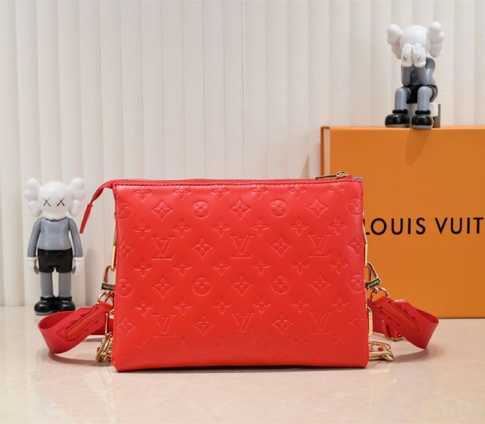 Louis Vuitton Coussin PM Bag In Neon Red With Jacquard Strap angle 2