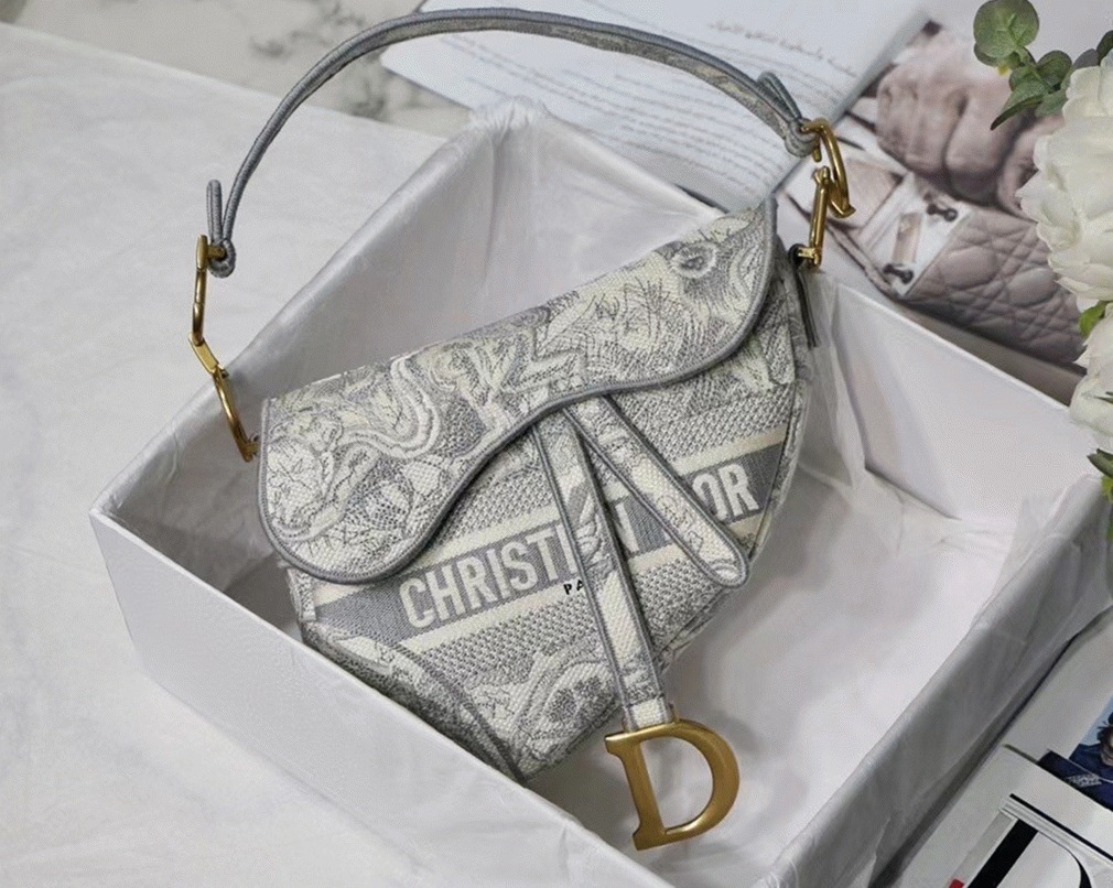 Dior Saddle Bag Fake in Grey Toile de Jouy Embroidery angle 4