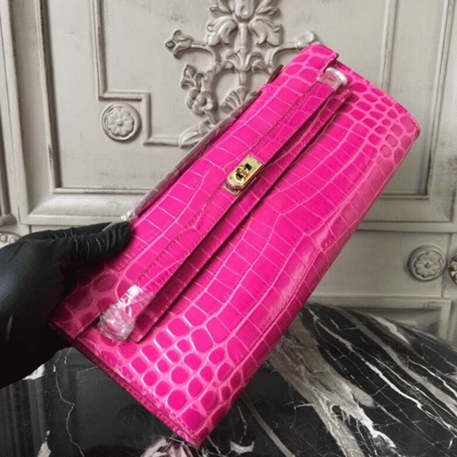 Rose Red Crocodile Replica Hermes Kelly Cut Clutch Elegant Accent Bag angle 5