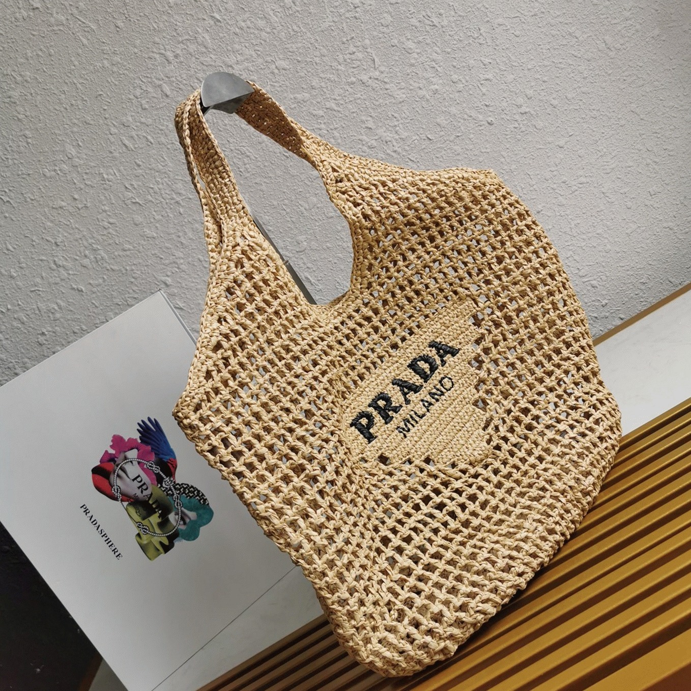 Prada Large Tote Bag Knockoff in Beige Woven Raffia angle 4