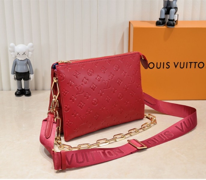 Louis Vuitton Coussin PM Bag In Red With Jacquard Strap angle 3