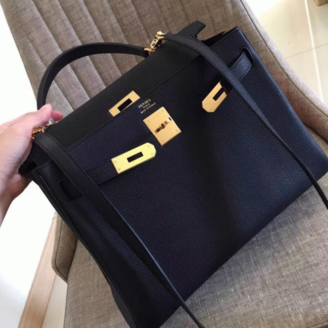Black Clemence Copy Hermes Kelly Retourne 28cm Luxe Handbag angle 3