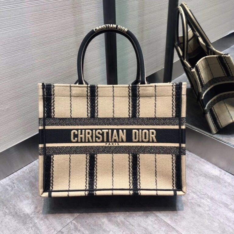 Dior Medium Book Tote Bag Fake in Black and Beige Bayadère Embroidered