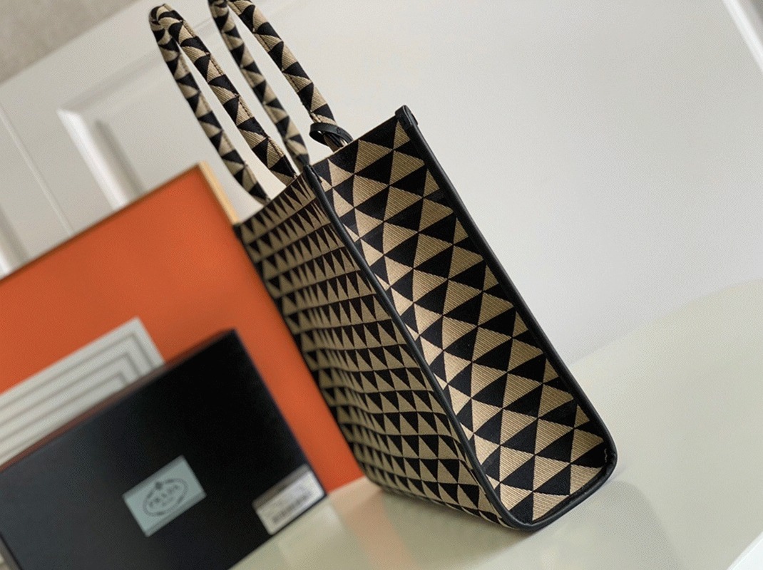 Prada Symbole Large Bag Knockoff in Black/Beige Jacquard Fabric angle 4