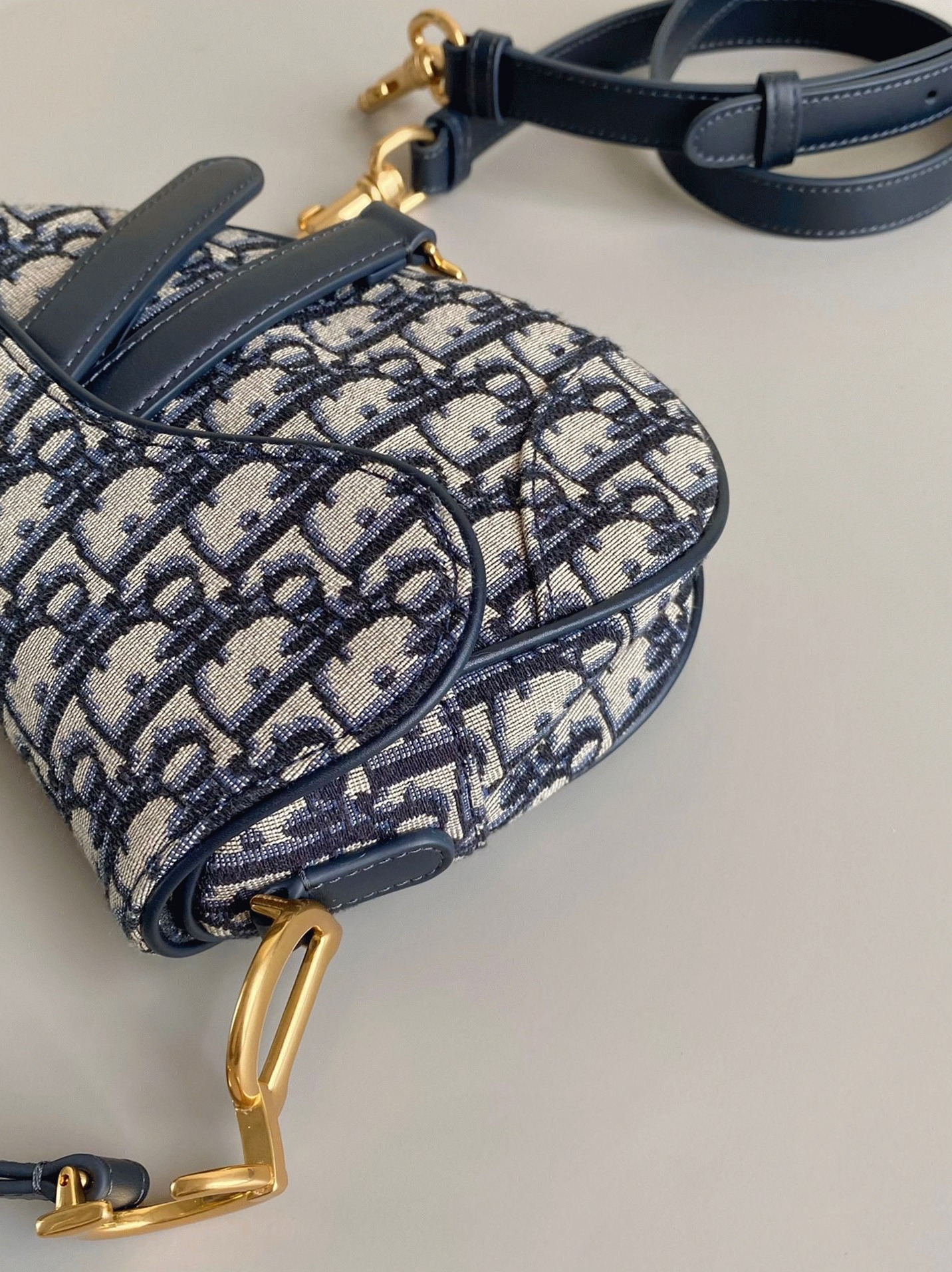 Dior Mini Saddle Bag Fake with Strap in Blue Oblique Jacquard angle 5