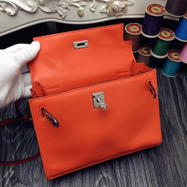 Orange Swift Leather Top Fake Hermes Kelly Danse Fun Crossbody angle 2