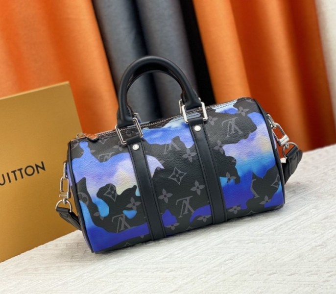 Louis Vuitton Monogram Eclipse Keepall Bandouliere 25 Travel Bag In Blue And Purple Sunrise angle 5