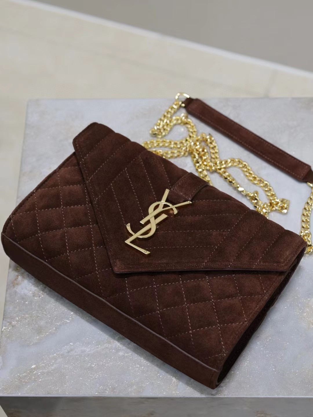 Saint Laurent Envelope Triquilt Small YSL Shoulder Bag in Suede angle 4