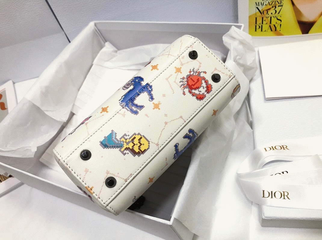 Dior Lady Dior Mini Bag Fake in White Calfskin with Pixel Zodiac Print angle 3